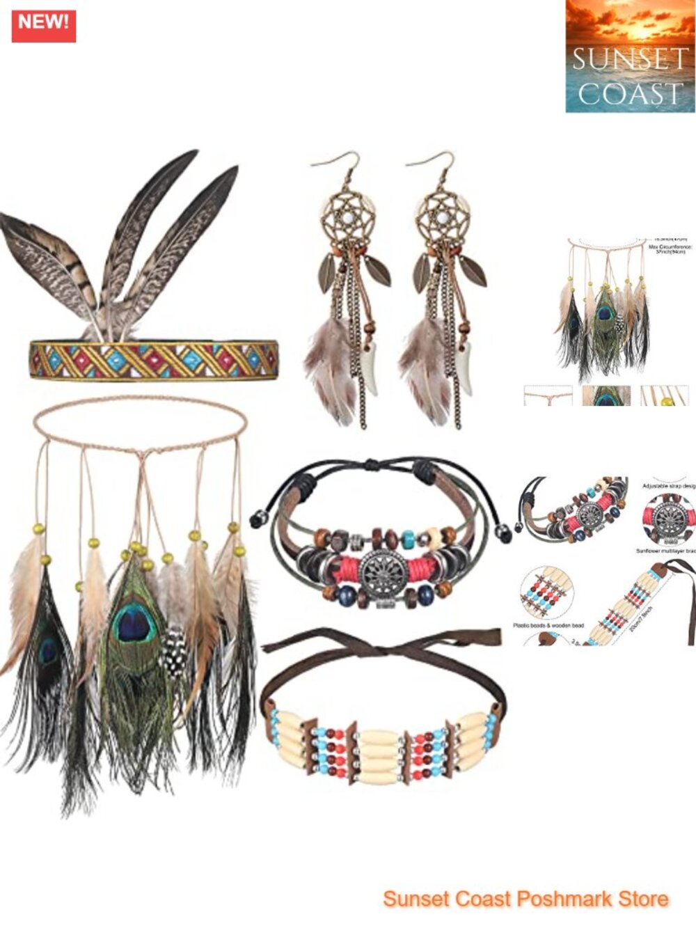 Bohemian Feather Jewelry Set Headband Earrings Necklace Bracelet Cosplay